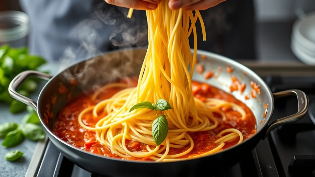 process: hands tossing spaghetti in skillet with silky tomato sauce, steam rising, fresh basil visible, cooking action shot, natural kitchen lighting, professional food styling