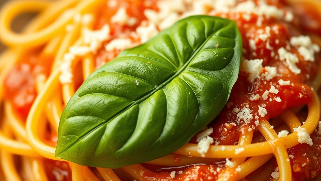 detail: close-up of al dente spaghetti strands coated in smooth sauce, fresh basil leaf on top, parmesan shavings, olive oil droplets, macro photography, warm natural light, food styling