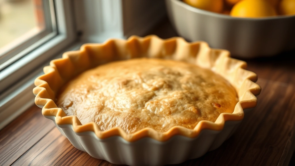 hero: golden-brown freshly baked pie crust in ceramic pie dish, fluted edges perfectly crimped, warm natural window light from left side, soft shadows, no text or watermarks, lifestyle photography style