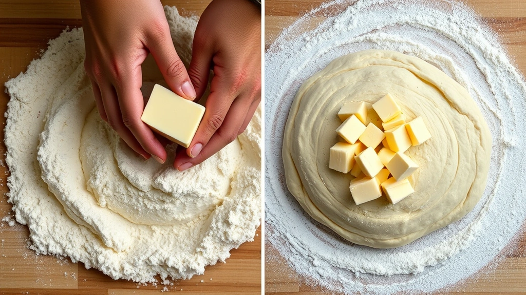 process: hands working cold butter into flour mixture, close-up of dough texture showing pea-sized butter pieces, flour dusting wooden work surface, natural diffused daylight, overhead angle, no text