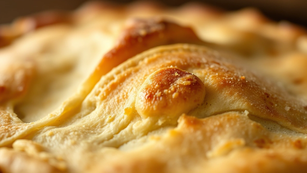detail: macro close-up of flaky baked pie crust showing golden-brown layers and flakiness texture, shallow depth of field, warm natural light, artisanal food photography, no text