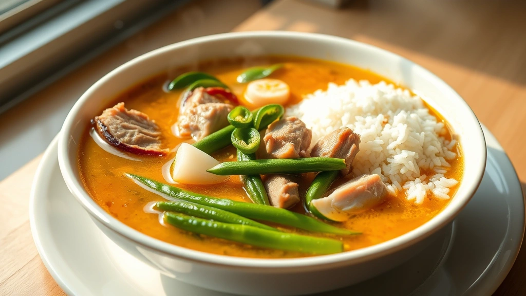 hero: steaming bowl of sinigang na baboy with tender pork, radish, green beans, and kangkong in rich golden broth, served with jasmine rice on white plate, soft window light from left, garnished with whole green chilies, photorealistic, no text