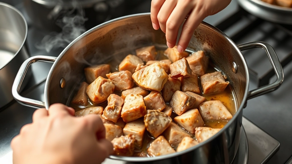 process: hands browning pork chunks in large pot with caramelized fond visible, hot oil glistening, steam rising, professional kitchen setting, photorealistic, natural light, no text
