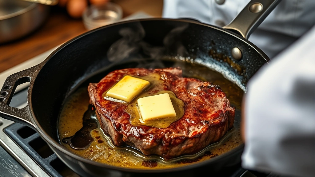 process: chef searing sirloin roast in cast iron skillet with butter and oil, golden crust forming, steam rising, photorealistic, warm kitchen lighting, no text