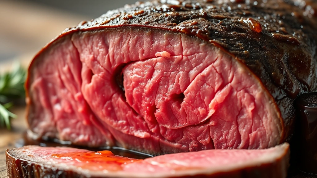 detail: close-up cross-section of sliced sirloin roast showing perfect medium-rare interior with pink center, glistening with juices, photorealistic, natural light, no text, shallow depth of field