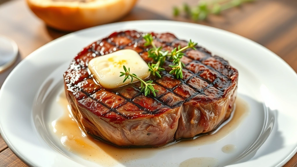 hero: perfectly cooked medium-rare sirloin steak with butter and garlic, fresh thyme garnish, on white plate, photorealistic, natural sunlight from left, appetizing juices glistening, no text