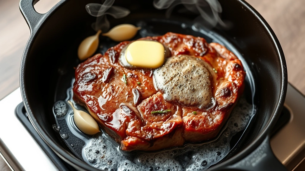 process: sirloin steak searing in cast iron skillet with foaming butter and garlic cloves, aromatic steam rising, photorealistic, natural light, no text