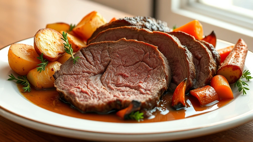 hero: perfectly sliced sirloin tip roast with roasted potatoes and carrots, golden-brown crust visible, pan drippings glossy, fresh thyme garnish, photorealistic, warm natural window light, no text, elegant plating