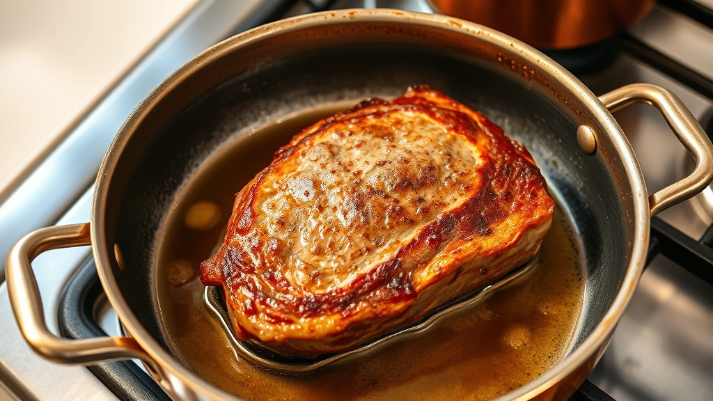 process: beef roast searing in hot pan with oil sizzling, golden crust forming, copper roasting pan visible, stovetop setting, photorealistic, bright kitchen light, no text