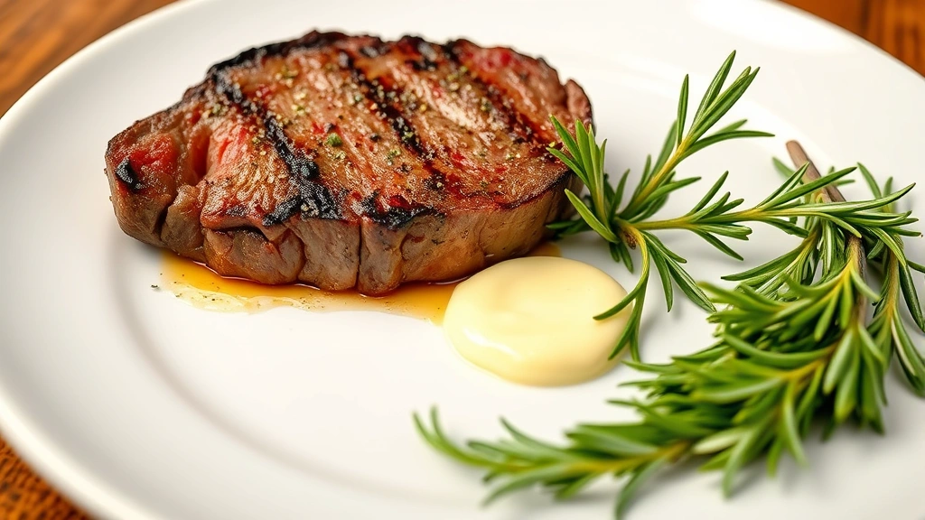hero: perfectly seared sirloin tip steak on a white plate with herb butter and fresh rosemary garnish, photorealistic, warm natural lighting, no text