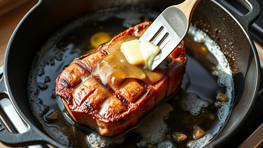 process: cast iron skillet with sizzling steak being basted with foaming butter and garlic, photorealistic, bright natural light from above, no text