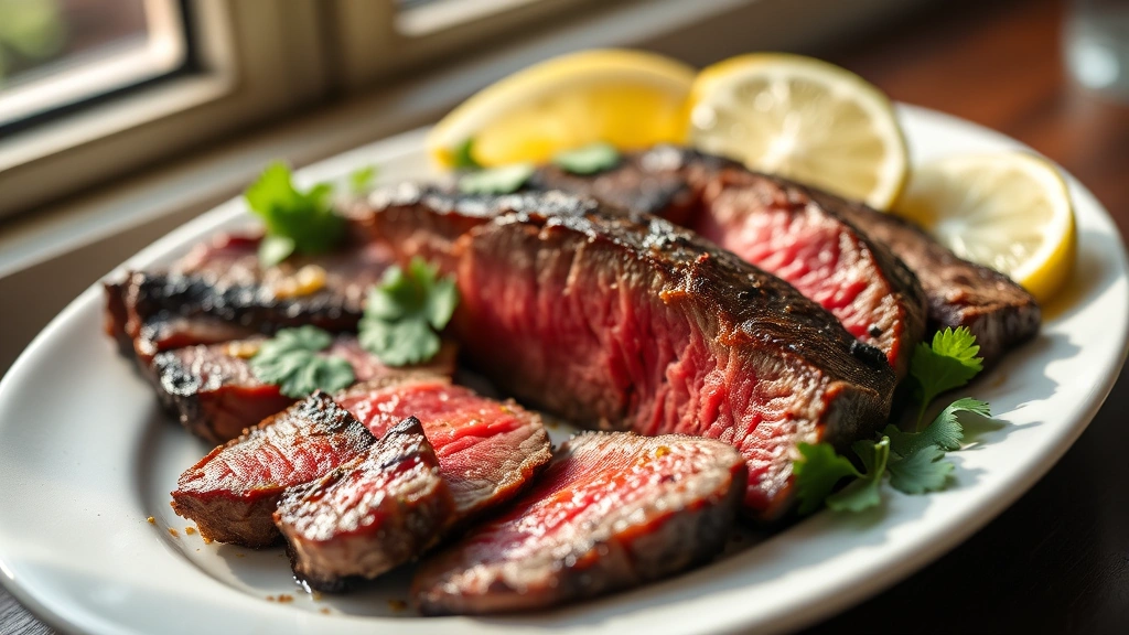 hero: perfectly grilled skirt steak sliced against the grain, medium-rare interior visible, arranged on a white plate with lime wedges and fresh cilantro garnish, natural daylight from window, shallow depth of field