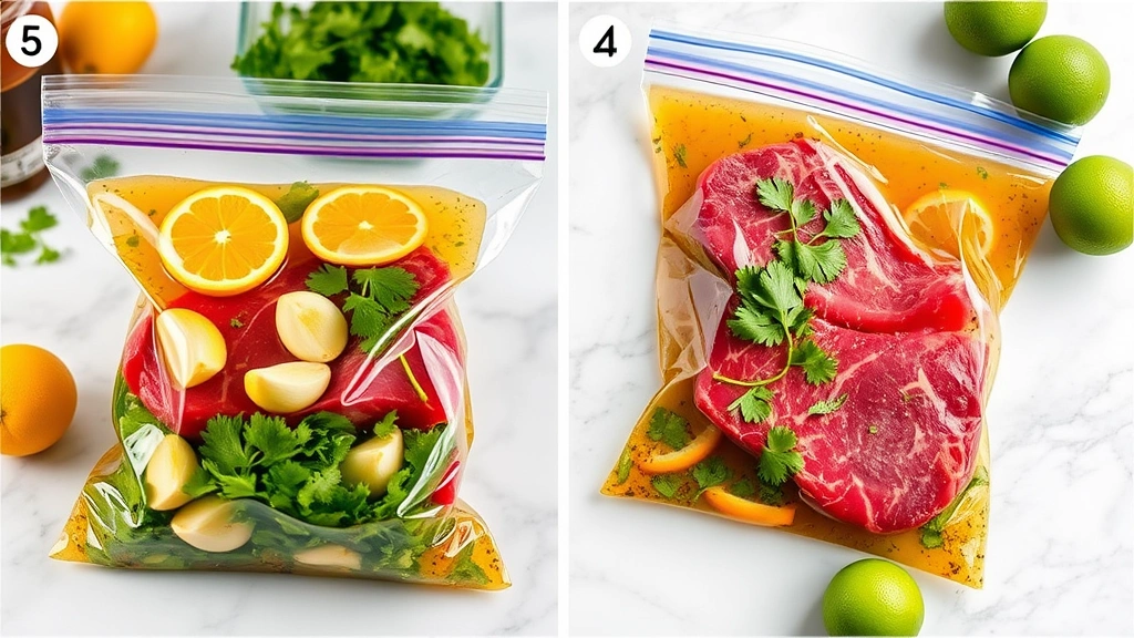 process: raw skirt steak in clear zip-top bag filled with vibrant citrus and herb marinade, garlic cloves and cilantro visible in liquid, set on marble countertop with fresh limes nearby, natural kitchen lighting