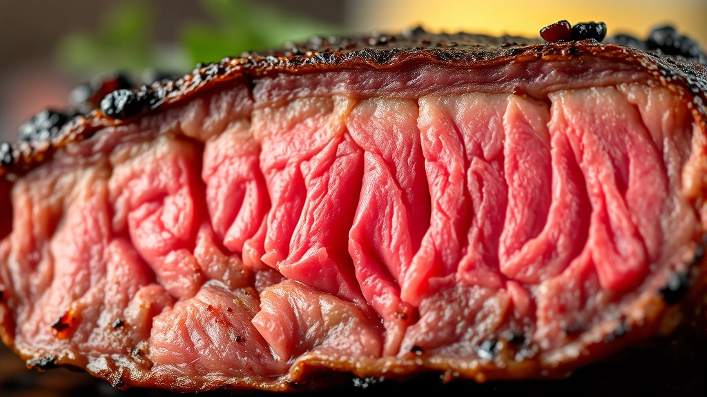 detail: close-up cross-section of grilled skirt steak showing beautiful pink medium-rare center with caramelized crust, grill marks visible, steam rising slightly, macro photography with blurred background