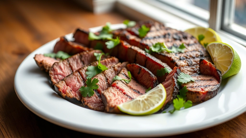 hero: perfectly grilled skirt steak sliced against the grain on white ceramic plate, garnished with fresh cilantro and lime wedges, vibrant green herbs visible, warm golden-brown crust, photorealistic, natural daylight from window, no text, shallow depth of field