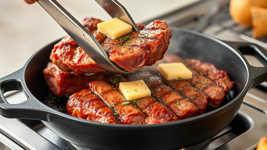process: sizzling skirt steak on cast-iron skillet with butter basting, smoke rising, tongs lifting steak, herbs and spices visible on meat surface, photorealistic, natural kitchen lighting, no text