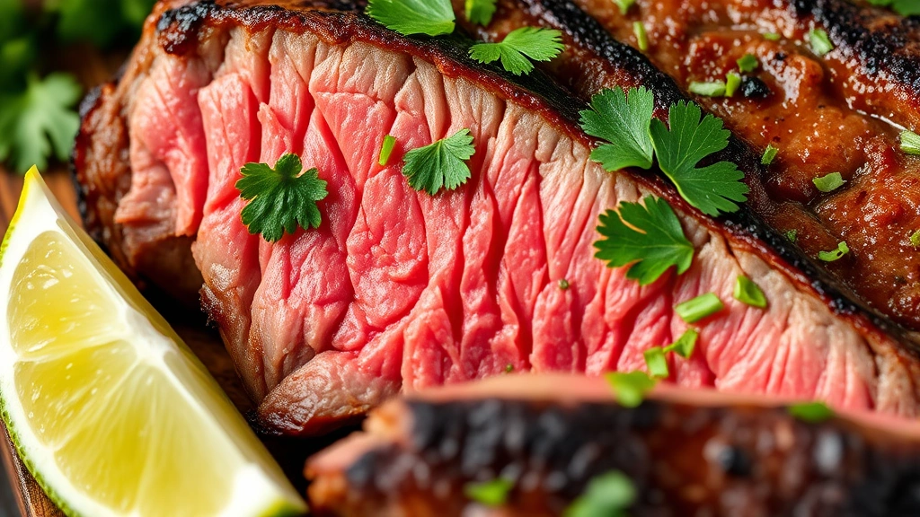 detail: close-up of sliced skirt steak showing tender pink interior and beautiful char crust, fresh cilantro leaves scattered on top, lime wedge beside, photorealistic, macro photography, natural light, no text