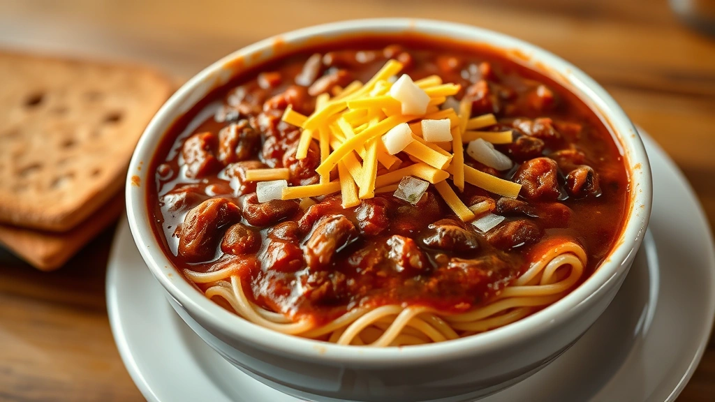 hero: steaming bowl of Cincinnati Skyline Chili topped with shredded cheddar cheese and diced onions over spaghetti, photorealistic, natural warm lighting, no text