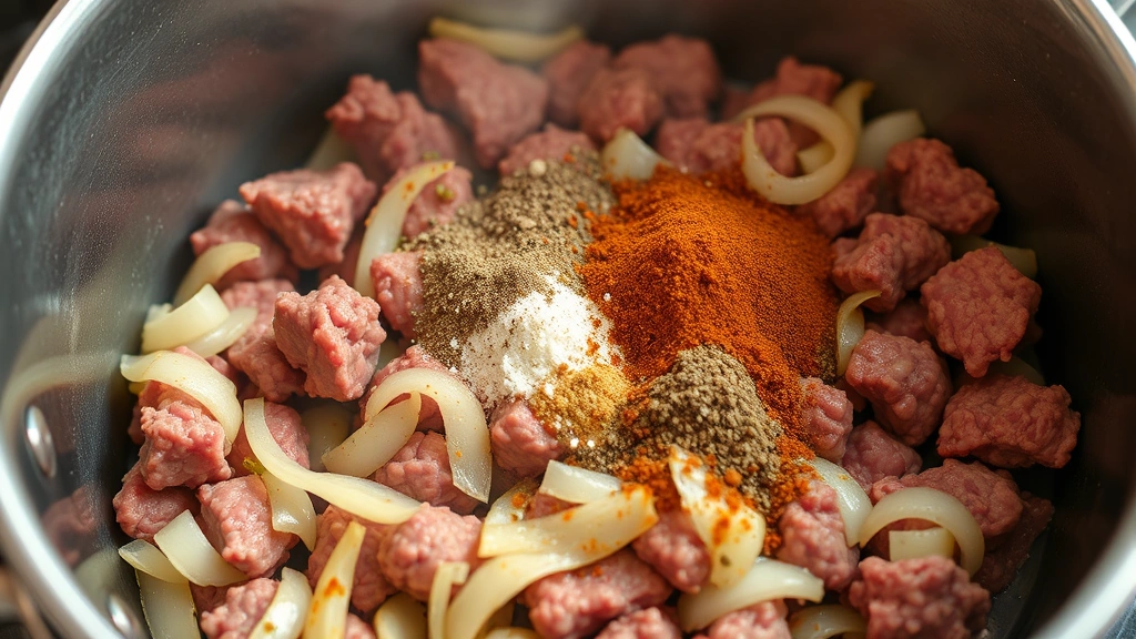 process: ground beef browning in pot with onions and garlic, spices being stirred in, photorealistic, natural kitchen lighting, no text