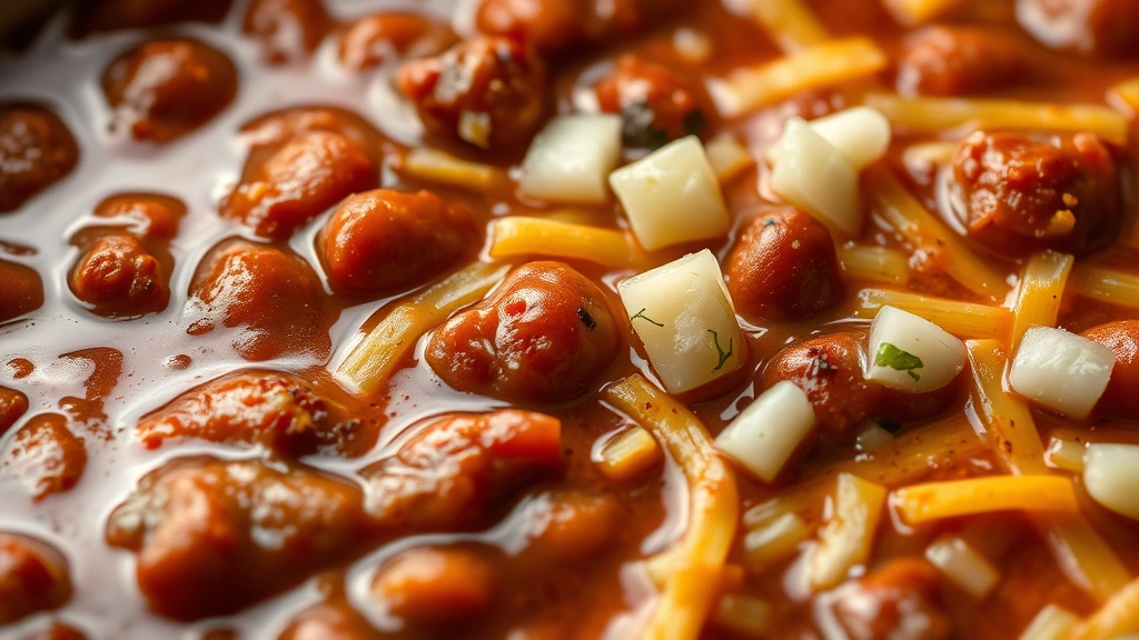 detail: close-up of finished chili with melted cheese, diced onions, and visible spices, photorealistic, natural light showing texture and depth, no text