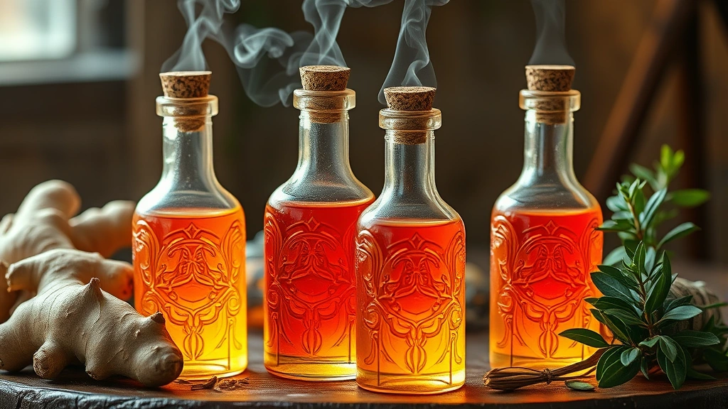 hero: glowing golden-red health potion in ornate glass bottles with cork stoppers, steam rising, surrounded by fresh ginger and herbs, Skyrim-inspired fantasy aesthetic, warm natural lighting from side, shallow depth of field, no text
