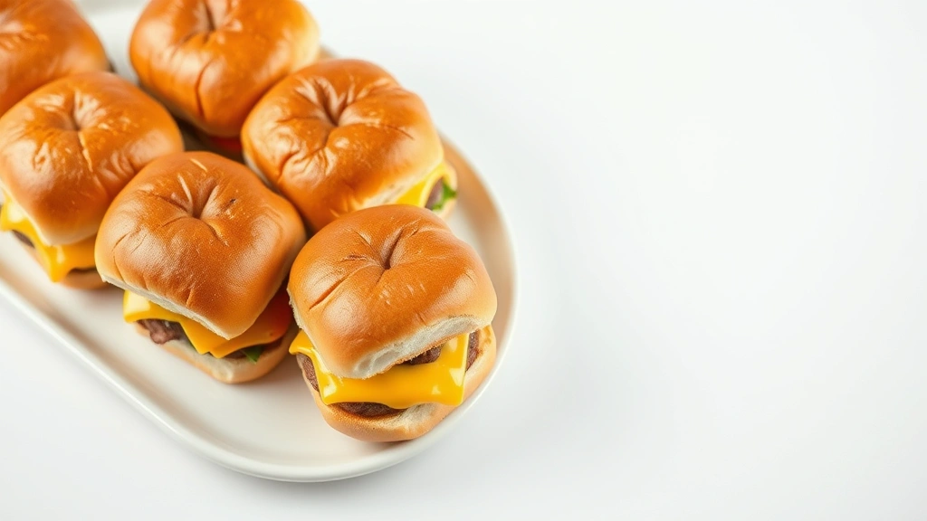 hero: golden-brown slider sandwiches arranged on a white plate with melted cheese visible, fresh toppings, warm brioche buns, studio lighting, flat lay perspective, appetizing presentation
