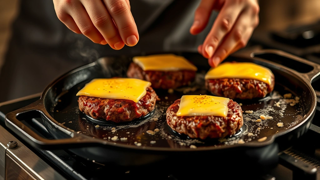 process: skilled hands placing seasoned beef patties onto sizzling cast iron griddle, melted cheese on top, steam rising, action shot, warm kitchen lighting, close-up angle