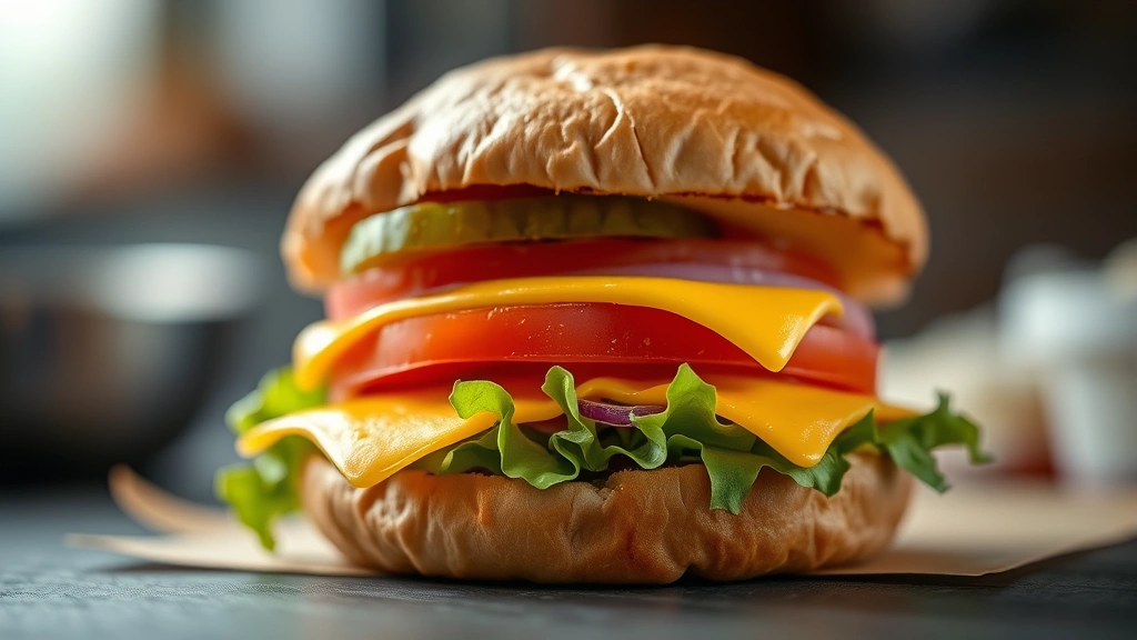 detail: cross-section of assembled slider sandwich showing layers of melted cheese, lettuce, tomato, onion, pickle on toasted brioche bun, professional food photography, shallow depth of field