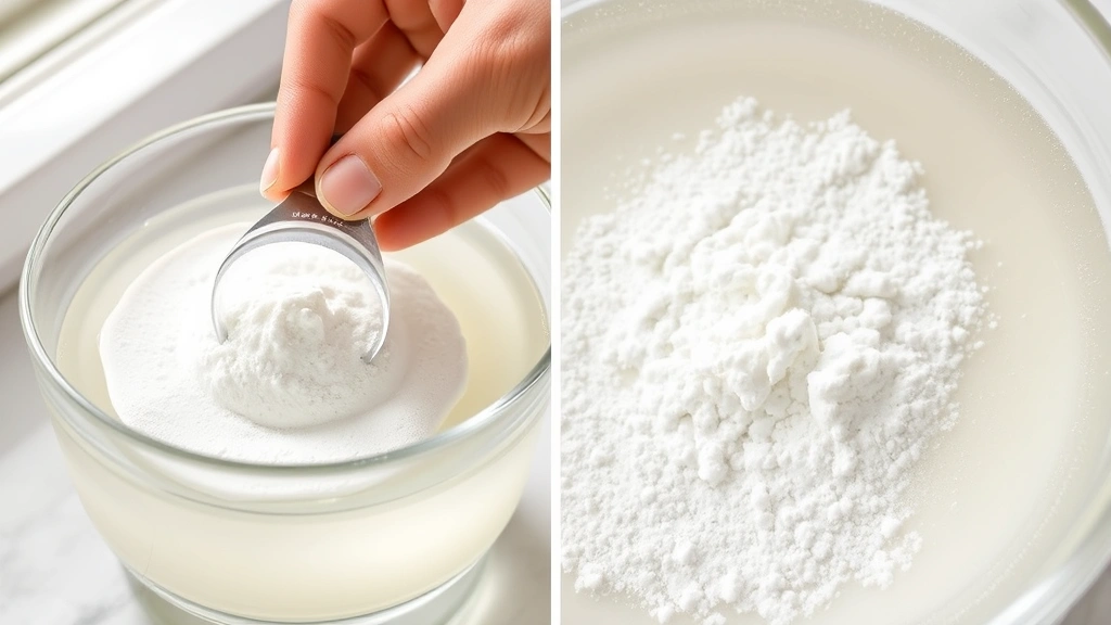 process: hands mixing borax powder into warm water with stirring motion, close-up of dissolving powder, bright natural lighting, no text