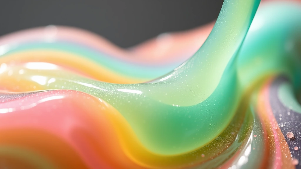 detail: close-up of shimmering slime activator liquid with food coloring, macro photography of viscous liquid texture, natural daylight, no text