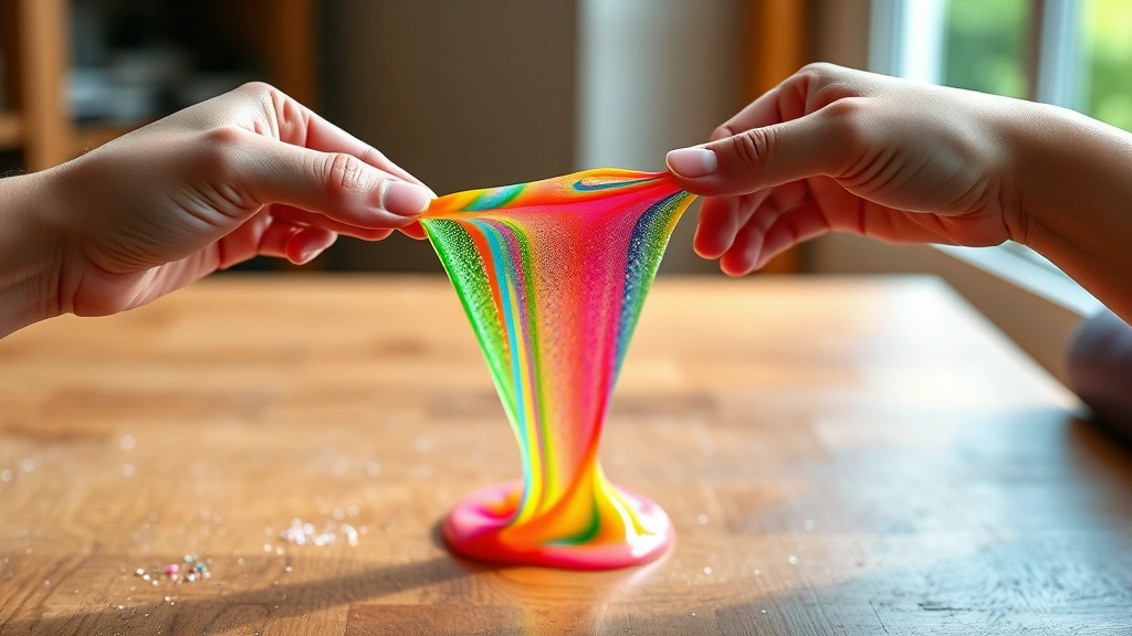 hero: vibrant colorful slime being stretched between hands, rainbow colors, glitter visible, hands pulling slime apart, natural window light, playful aesthetic, wooden table background