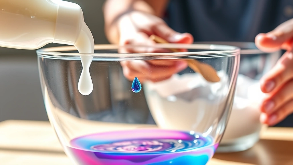 process: close-up of white glue being poured into glass bowl with food coloring drops falling, borax solution being mixed in background, hands stirring with wooden spoon, bright natural lighting