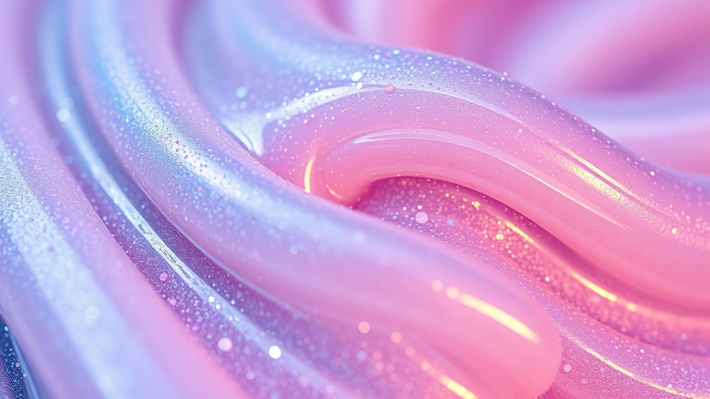 detail: extreme close-up of finished slime texture showing glitter sparkles embedded throughout, slime being stretched to show elasticity, iridescent shimmer, macro photography style