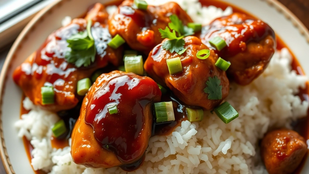 hero: golden-brown slow cooker adobo chicken with glossy dark sauce, tender pieces garnished with fresh cilantro and green onions, served over fluffy white rice, warm steam rising, photorealistic, natural window lighting, shot from above, no text, appetizing presentation