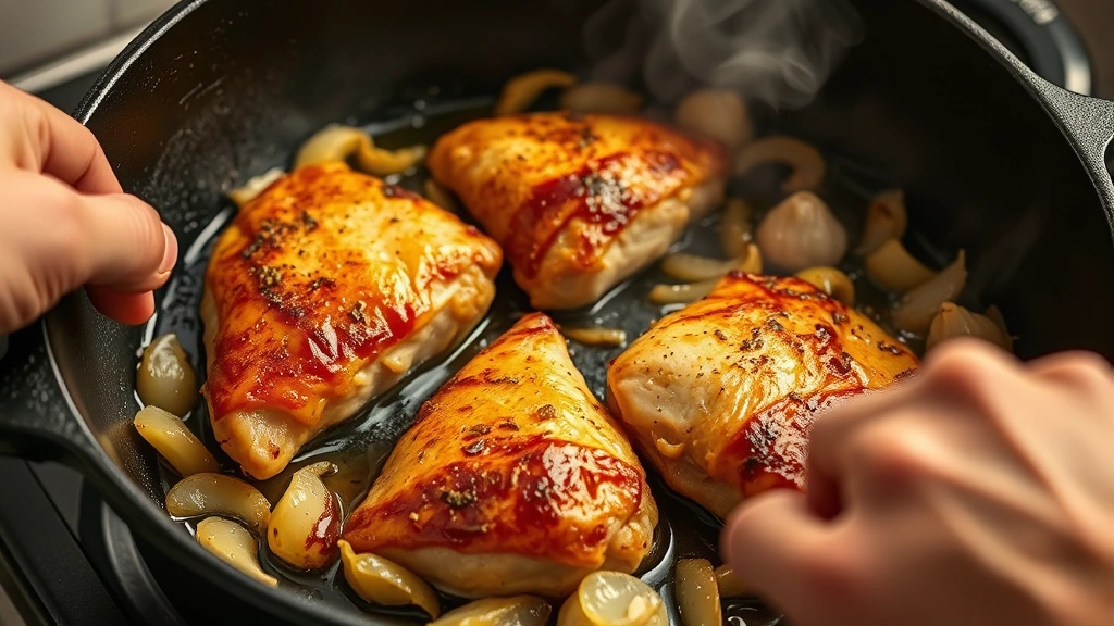 process: hands searing golden chicken thighs in cast iron skillet, crispy skin browning, steam rising, vibrant garlic and onions visible in slow cooker, photorealistic, warm kitchen lighting, close perspective, no text, cooking in progress