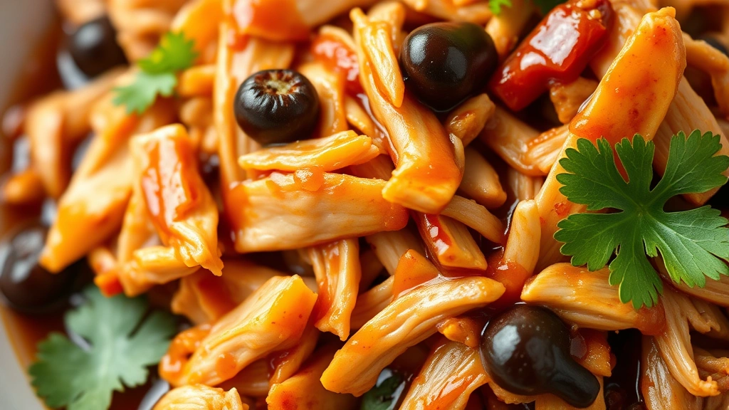 detail: close-up of tender shredded adobo chicken with glossy sauce clinging to meat, individual peppercorns and garlic pieces visible, fresh cilantro garnish, photorealistic macro photography, natural soft lighting, no text, food styling focus