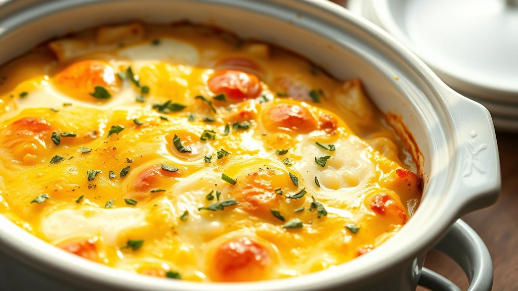 hero: creamy slow cooker breakfast casserole with melted cheese and fresh herbs, golden brown top, steam rising, served in white ceramic dish, photorealistic, natural morning sunlight, soft shadows, no text