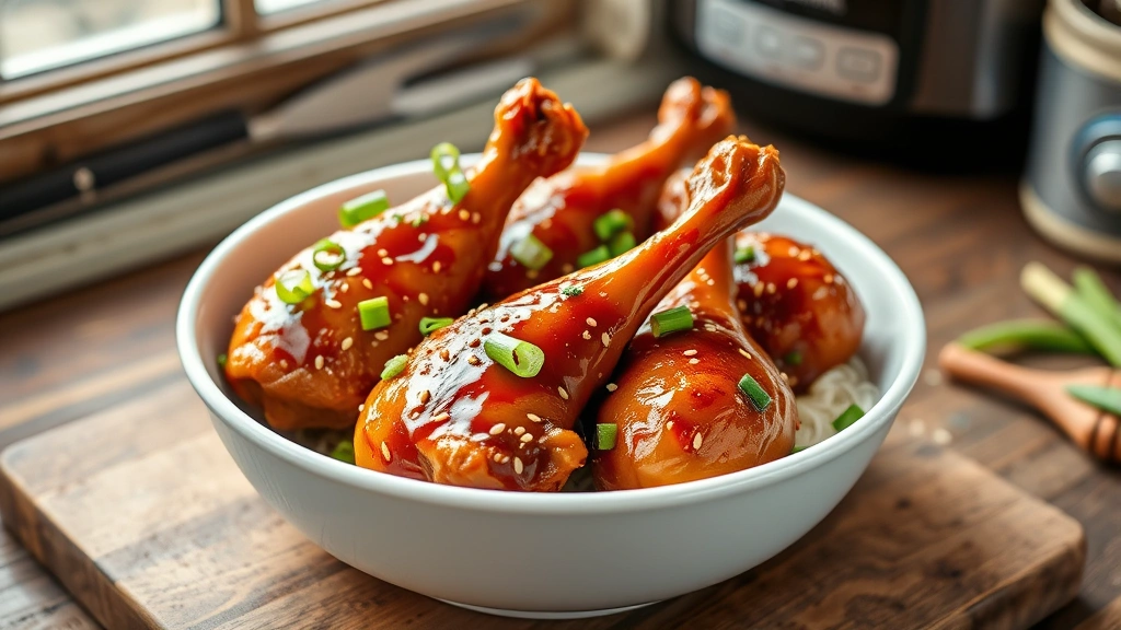 hero: golden-brown slow cooker chicken drumsticks glistening with glossy sauce in a white serving bowl, garnished with fresh green onions and sesame seeds, natural window light, rustic farmhouse setting, professional food photography