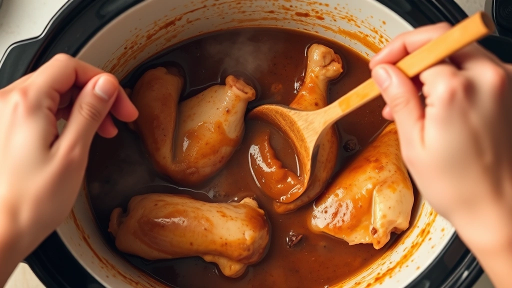 process: hands stirring chicken drumsticks in slow cooker with wooden spoon, rich brown sauce coating the meat, steam visible, warm kitchen lighting, overhead angle showing sauce mixture