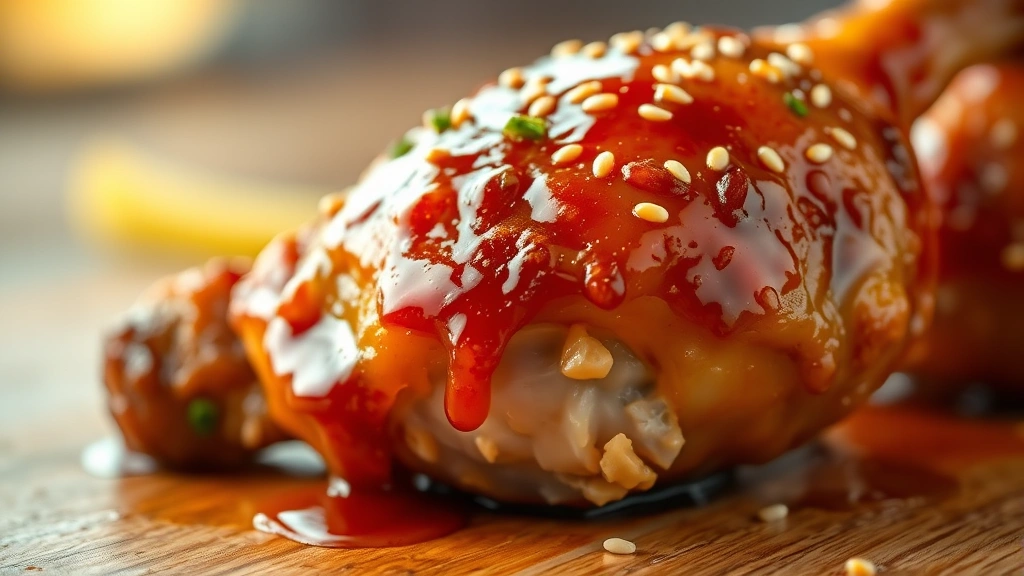 detail: close-up of single chicken drumstick with crispy glazed exterior and tender meat, sauce dripping, sesame seeds and herbs visible, shallow depth of field, warm golden lighting, textured surface detail