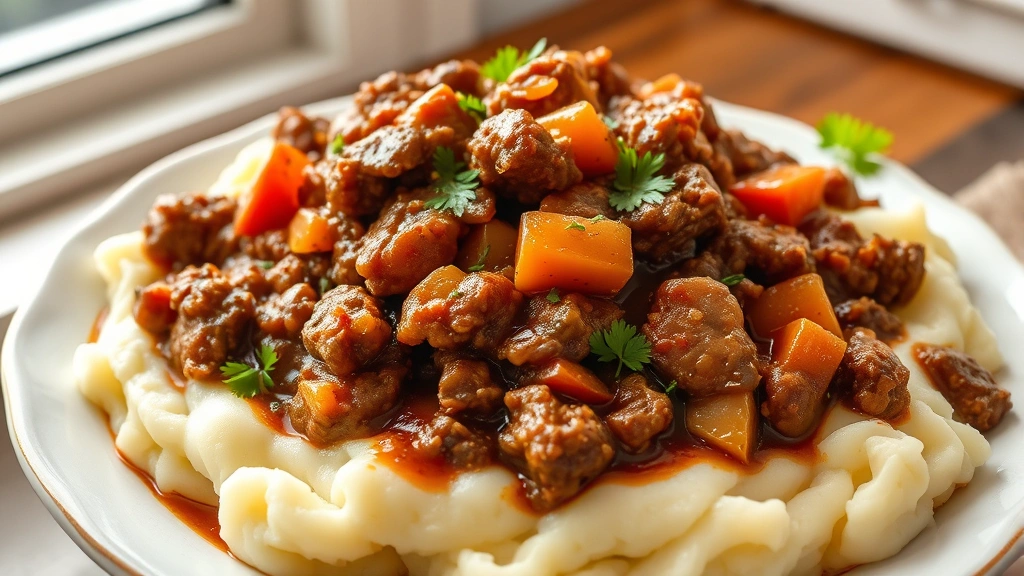 hero: slow cooker ground beef in rich brown sauce with herbs and vegetables, served over creamy mashed potatoes, photorealistic, natural window light, garnished with fresh parsley, no text