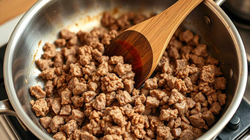 process: browning ground beef in stainless steel skillet with wooden spoon, sizzling and cooking, photorealistic, warm kitchen lighting, no text