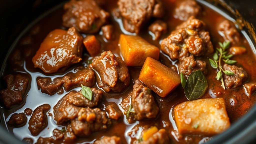 detail: close-up of finished slow cooker ground beef sauce with tender meat pieces and aromatic herbs visible, photorealistic, shallow depth of field, natural lighting, no text