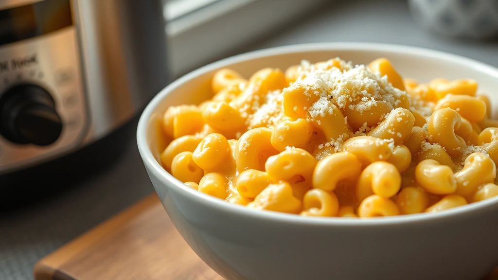 hero: creamy slow cooker mac and cheese in white bowl, golden cheese sauce coating pasta, fresh parmesan on top, photorealistic, natural window lighting, no text