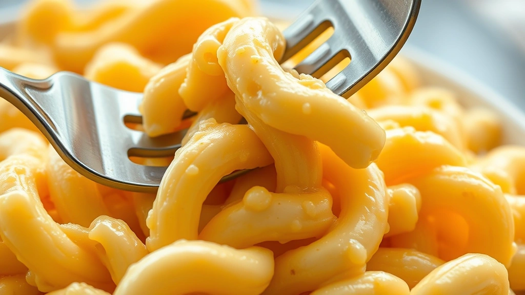 detail: close-up of creamy mac and cheese with multiple cheese melted together, fork twirling pasta, photorealistic, natural lighting, no text