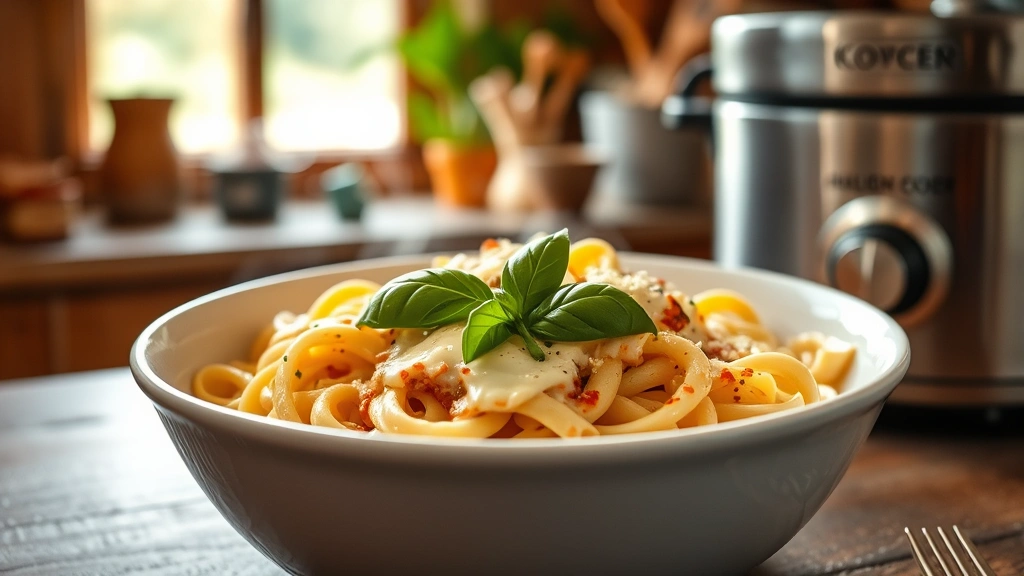 hero: creamy slow cooker pasta with melted cheese and fresh basil garnish in a rustic white bowl, steam rising, natural window light, warm cozy kitchen background