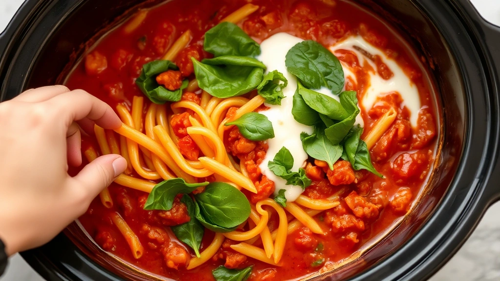 process: hands stirring cooked pasta into rich red sauce in a slow cooker, adding fresh spinach and cream, golden lighting, close-up side view