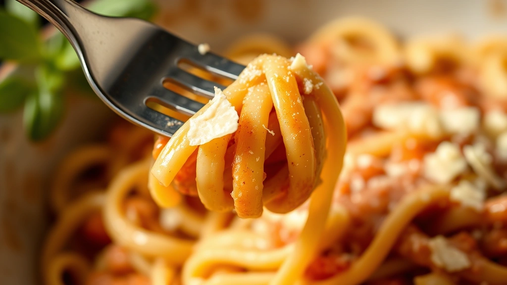 detail: close-up of pasta fork twirling creamy sauce-coated penne noodles with Parmigiano-Reggiano cheese shavings, shallow depth of field, warm natural light