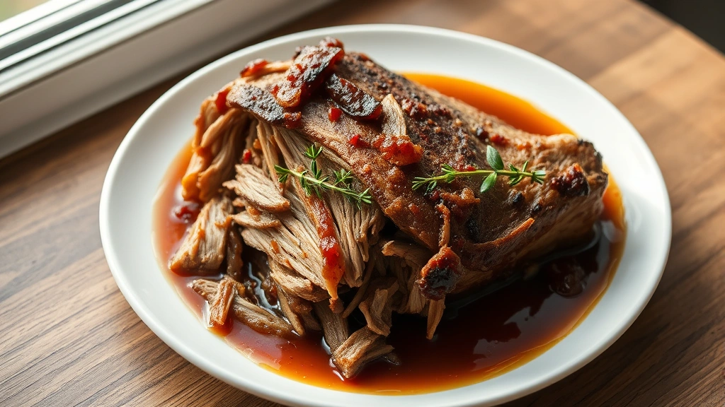 hero: succulent shredded slow cooker pork shoulder on white plate with caramelized edges, fresh thyme garnish, rich brown braising liquid, photorealistic, natural window light, overhead shot, no text