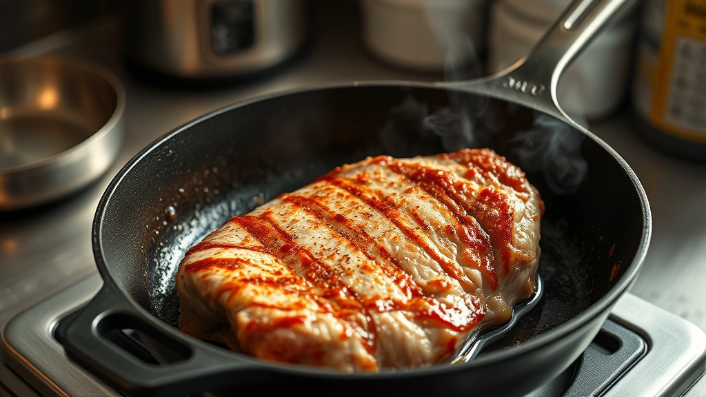 process: pork shoulder being seared in cast iron skillet with golden crust forming, steam rising, professional kitchen setting, photorealistic, warm natural light, no text